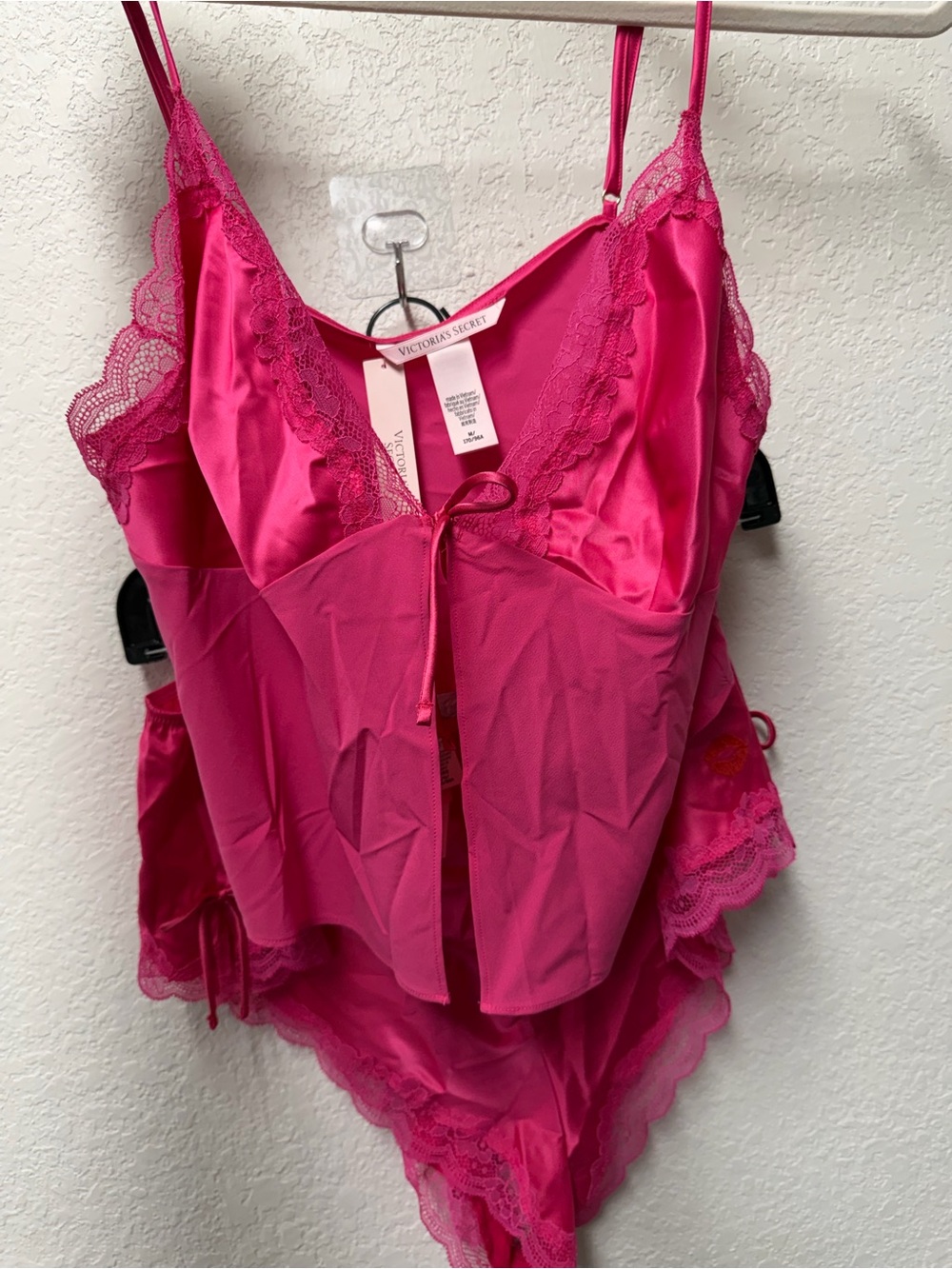 Victoria's Secret Bright Pink Satin & Lace Chemise Set